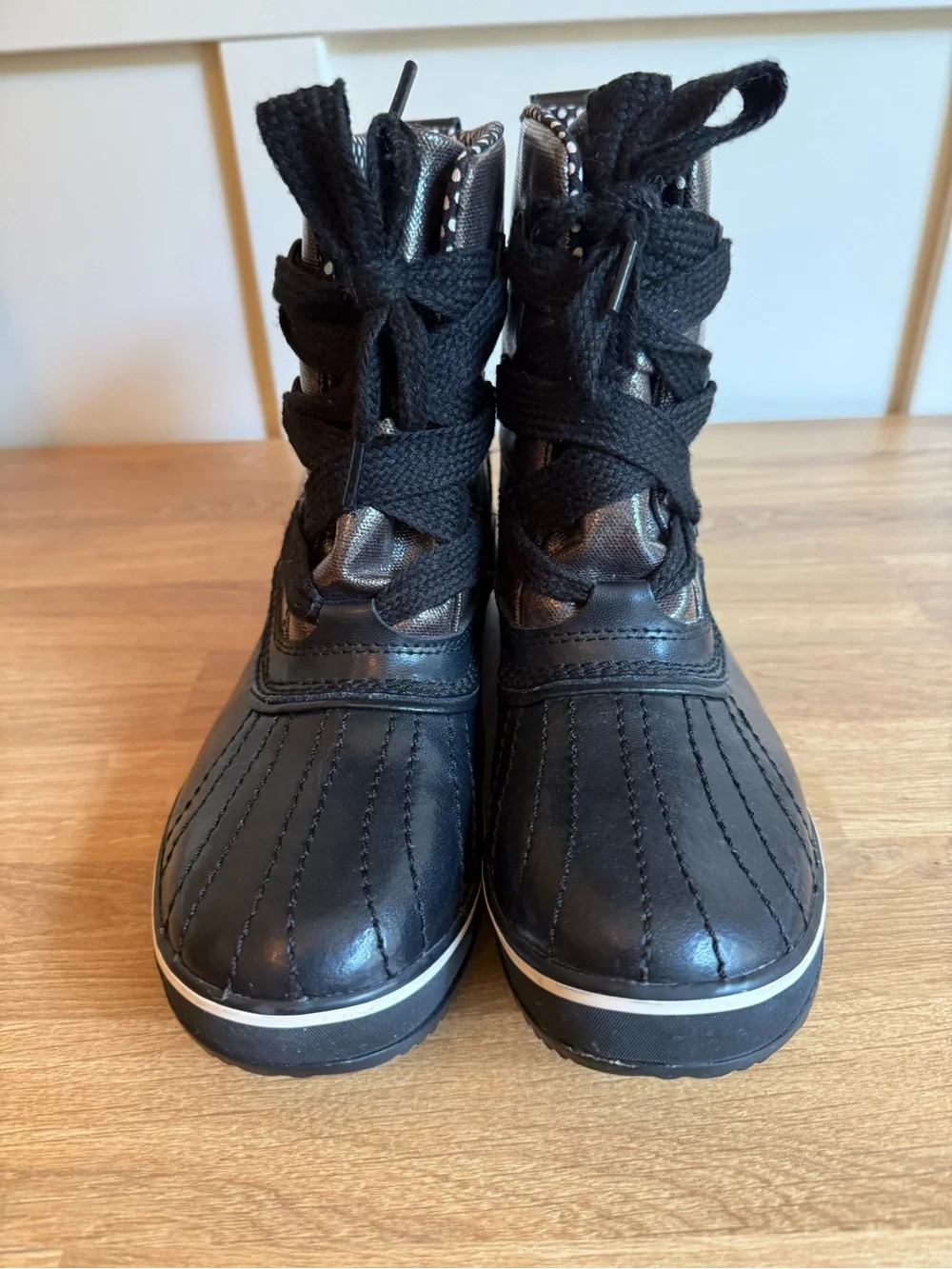 SOREL Tivoli Metallic Black Waterproof Rain Duck Boots Polka Dot Lining Size 11